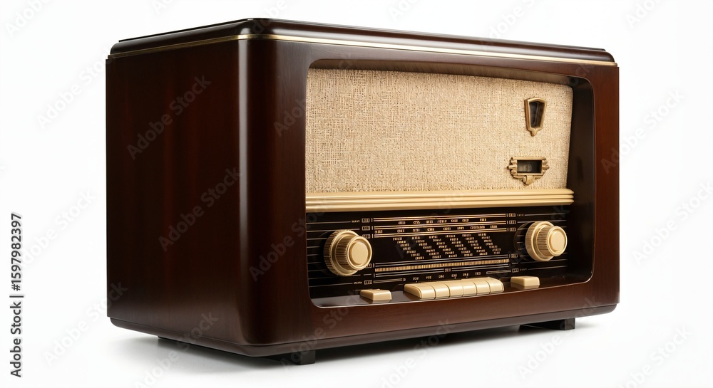 Fototapeta premium Vintage wooden tabletop radio receiver isolated on white background