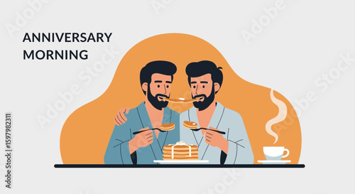 Same Sex Couple Celebrate An Anniversary Morning Sharing Pancakes Together