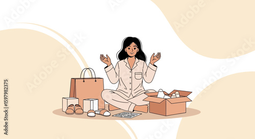 Satisfied Woman Surrounded By New Purchases After Successful Online Shopping Spree