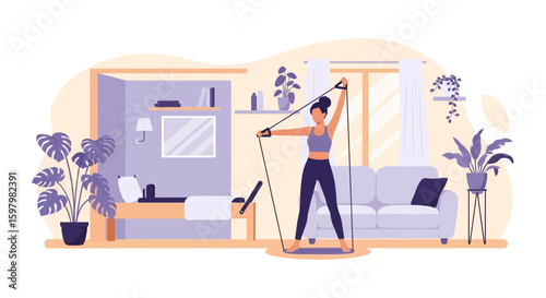 Woman Practicing Resistance Band Training At Home In Bright And Airy Space