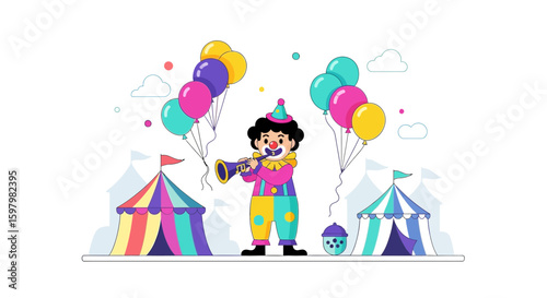 Playful Clown Announces The Circus Arrival With Balloons And Colorful Tents