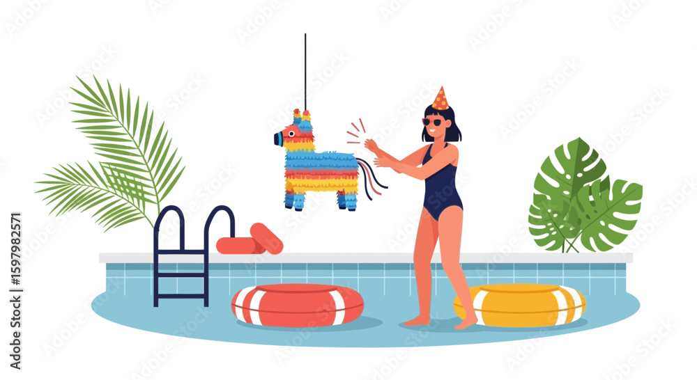 Fototapeta premium Poolside Piñata Party Celebration With Woman Hitting Donkey Decoration In Summertime