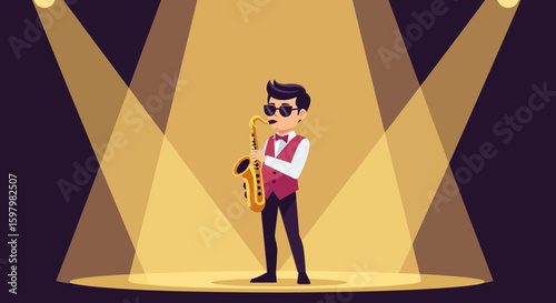Saxophonist Charismatic Onstage Under Lights With Vest And Bow Tie Classic Jazz Performance
