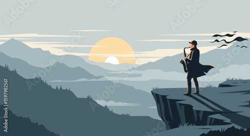 Saxophonist Plays On Cliff Overlooking Mountain Landscape At Sunrise Vector