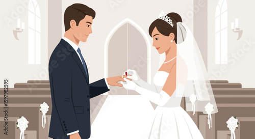 Wedding Ceremony In Church Bride Placing The Ring Groom's Finger