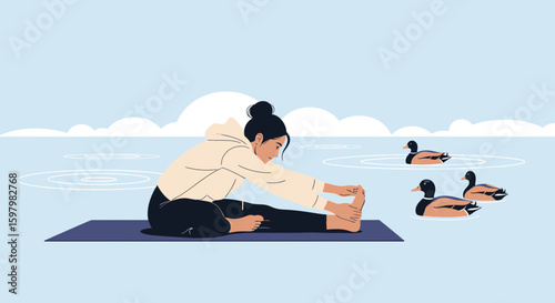 Woman Practicing Stretching Near A Lake Surrounded By Mallard Ducks For Mindfulness