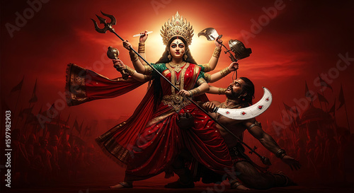 Goddess Durga with weapons defeating demon in red toned scene