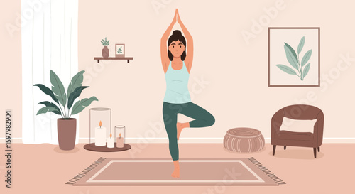 Woman Practicing Tree Pose In Cozy Living Room For Relaxation And Wellbeing
