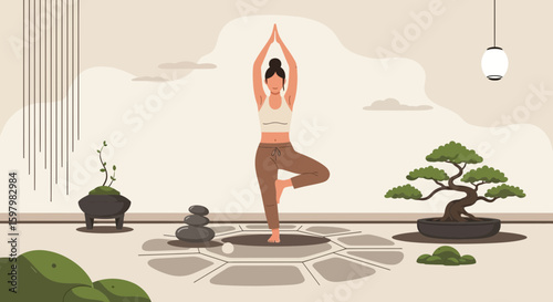 Woman Practicing Tree Pose Yoga In Serene Room For Wellness And Meditation
