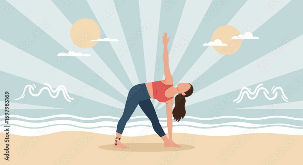 Fototapeta premium Woman Practicing Triangle Pose Yoga At The Beach Relaxing Tropical Vacation