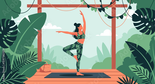 Woman Practicing Tree Pose Yoga Outdoors Surrounded By Lush Tropical Foliage