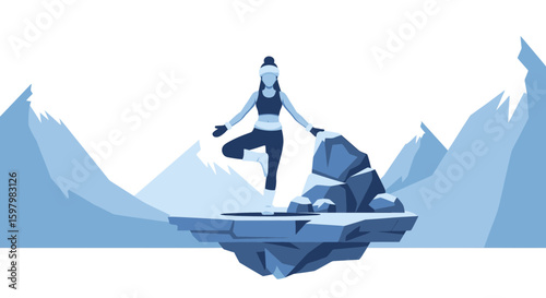 Winter Balance: Woman Practicing Yoga In Snowy Mountain Landscape Scene