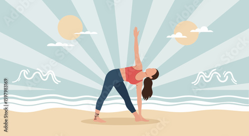 Woman Practicing Triangle Pose Yoga At The Beach Relaxing Tropical Vacation