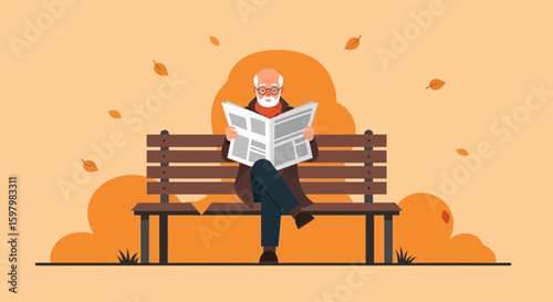 Senior Man Enjoying Newspaper on Bench in Autumn Park Peaceful Reading