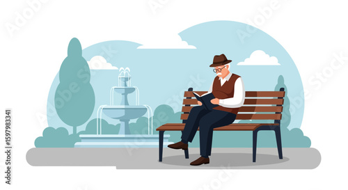Senior Man Enjoys Book On Park Bench With Tranquil Fountain View Serene Moment