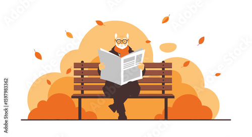 Senior Man Reading Newspaper On Bench During Autumn Season Illustration