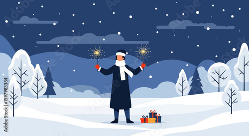 Winter Celebration With Sparklers In Snowy Landscape At Christmas Evening