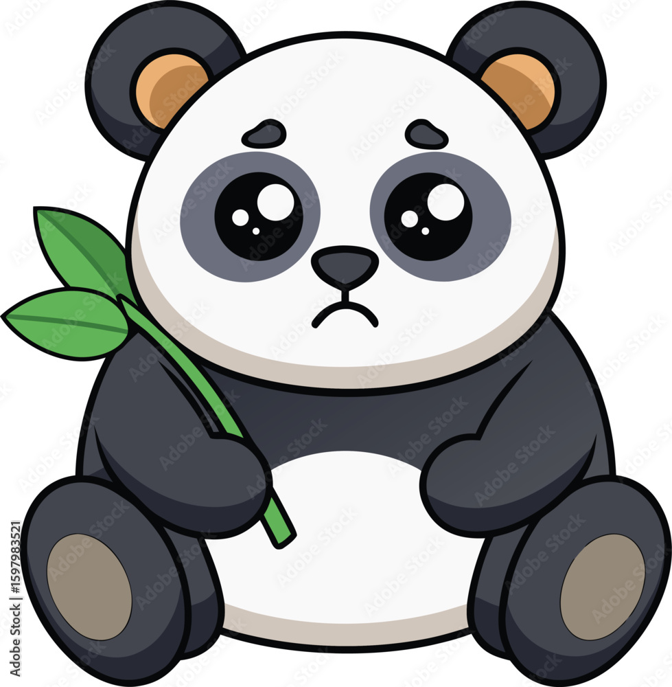 Obraz premium Adorable Sad Panda Cartoon Holding Green Bamboo Branch Illustration
