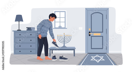 Preparing To Observe Jewish Holiday Putting Shoes Away Inside Home Entrance
