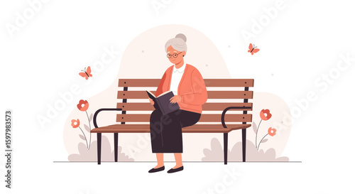 Senior Woman Enjoys Reading a Book On A Bench In The Park Illustration