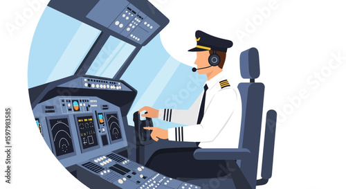 Professional Airplane Pilot In Flight Deck Controlling Plane With Cockpit Console