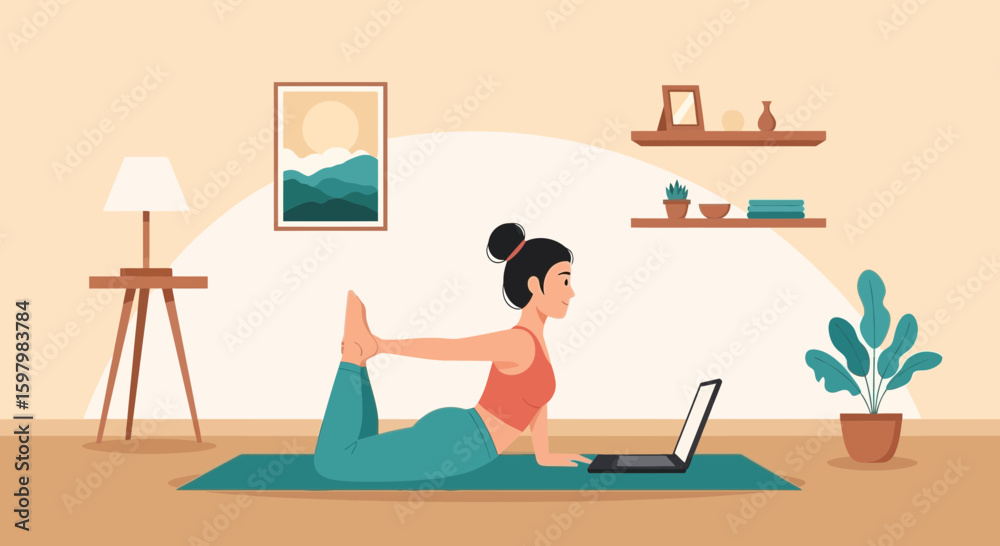 Fototapeta premium Woman Practicing Yoga At Home Using Laptop For Instruction And Inspiration