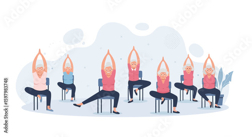 Senior Women Practicing Chair Yoga For Fitness And Wellness In Retirement Home