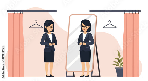 Professional Woman Assessing Her Look In The Fitting Room Mirror