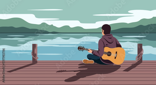 Serene Acoustic Solitude Young Man Playing Guitar on a Tranquil Wooden Pier