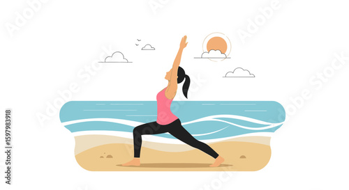Serene Beach Yoga Practice At Sunrise For Wellness And Mindfulness Lifestyle