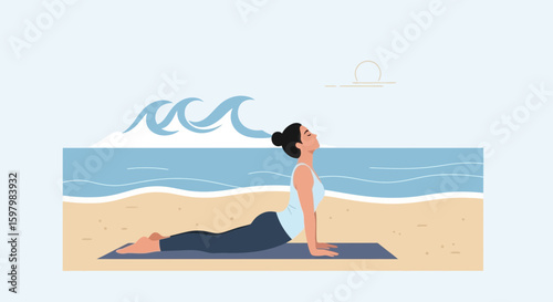 Serene Beach Yoga Morning Stretching Pose for Wellness and Relaxation
