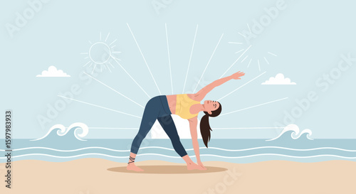 Serene Beach Yoga Practice Woman Performing Triangle Pose With Sea Background