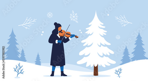 Winter Serenade Woman Plays Violin In Snowy Landscape Scene Holiday Concept