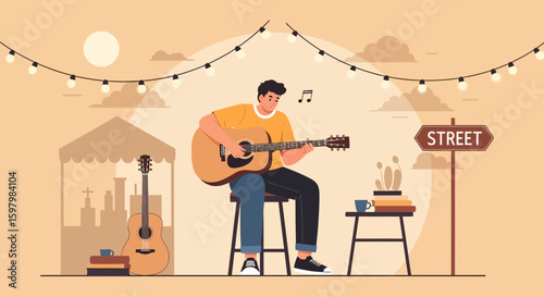 Serene Evening Music: A Guitarist's Melodic Moment Under Street Lights