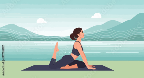 Woman Practicing Yoga By The Lake For Health And Wellness Inspiration
