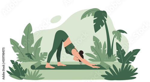 Woman Practicing Yoga Downward Dog Pose In A Tropical Environment Serene Harmony