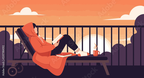 Serene Evening Read Relaxing On Balcony Lounge Chair With Scenic Sunset View