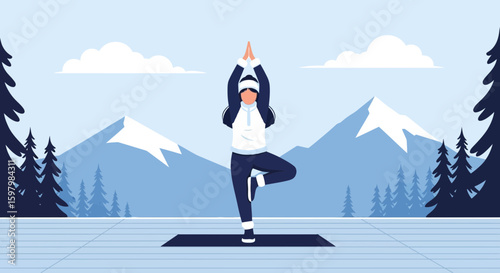 Winter Wellness Woman Practicing Yoga Tree Pose Outdoors in Mountain Landscape