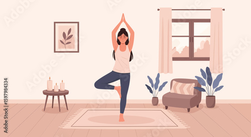 Woman Practicing Yoga In A Calm Home Setting For Wellbeing And Harmony
