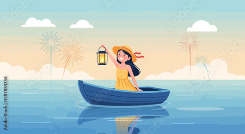Serene Evening River Cruise Girl With a Lantern In a Boat at Dusk
