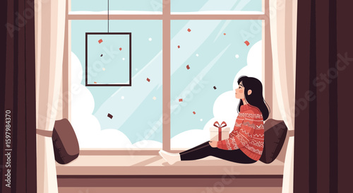 Winter Window View With Woman Holding A Present Wearing Sweater