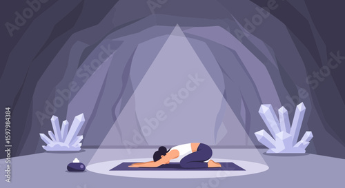 Woman Practicing Yoga In A Cave With Crystals For Meditation Or Relaxation