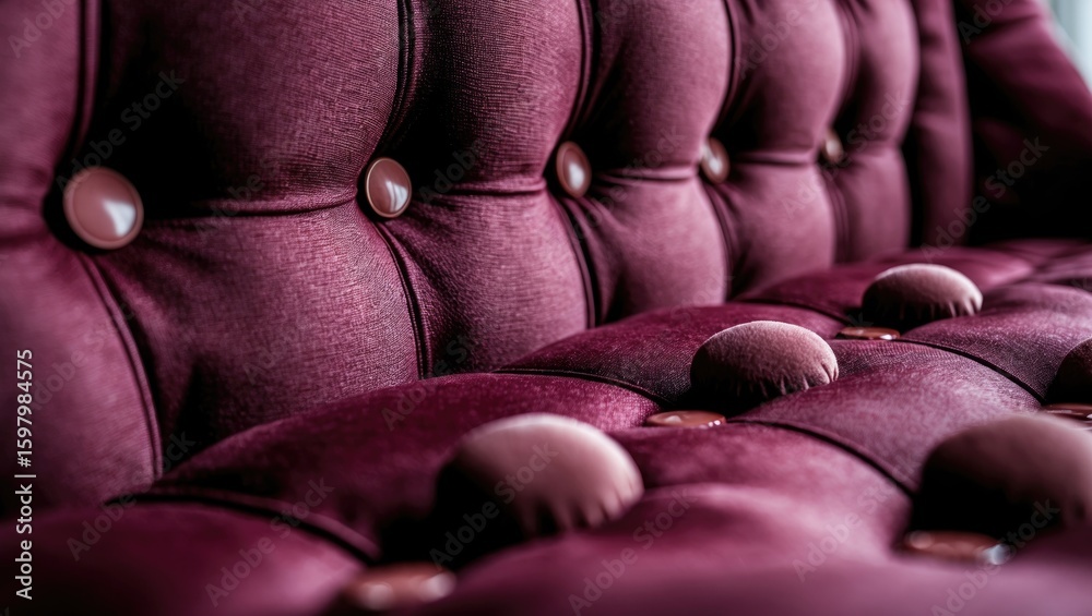 Obraz premium Close-up of a plush, button-tufted, purple velvet sofa with upholstered cushions.