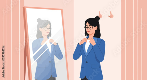 Woman Adjusting Blazer In Front Of The Mirror Getting Ready For Work
