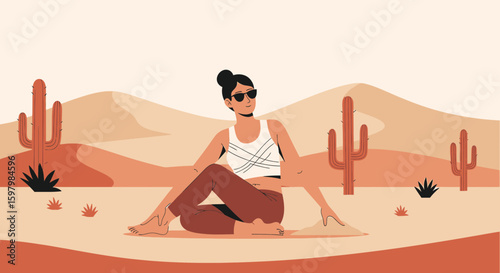 Woman Practicing Yoga In Desert Serenity And Peace Illustration