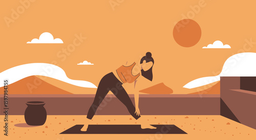 Woman Practicing Yoga On A Rooftop At Sunrise Minimalist Illustration