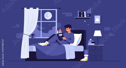 Reading At Night In Bedroom In A Peaceful Scene Under The Moonlight
