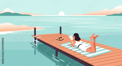Reading Time By The Lake: Woman Relaxing And Reading Book On Wooden Pier
