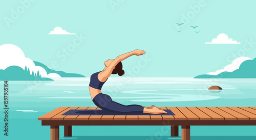 Woman Practicing Yoga Outdoor By the Tranquil Lake on Summer Vacation