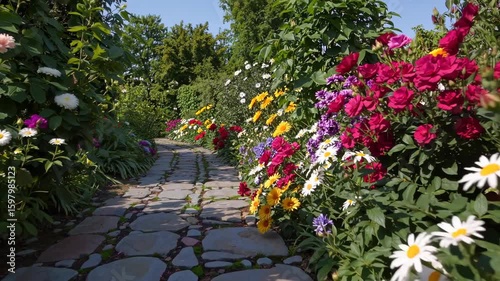 Stroll along a charming stone pathway surrounded by an array of blooming flowers under a clear blue sky. Enjoy the natural beauty and tranquility of this lush garden